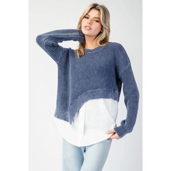 Anthropologie Pilcro Asymmetrical Twofer Blue Chunky Layered Sweater Top Large - Picture 12 of 16